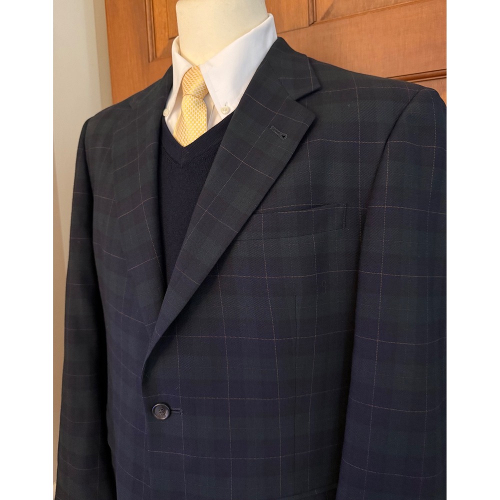 VTG Burberry Blackwatch Sport Coat Men 40R Navy Tartan Plaid Wool Blazer Jacket